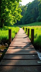 Obraz premium Wooden planks of a bridge crossing over a small stream in a meadow, river, bridge, natural