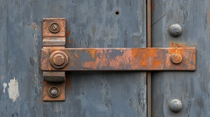 Detailed rusty door hinge attached to a weathered grey wall showcasing industrial texture and patina in an urban setting.