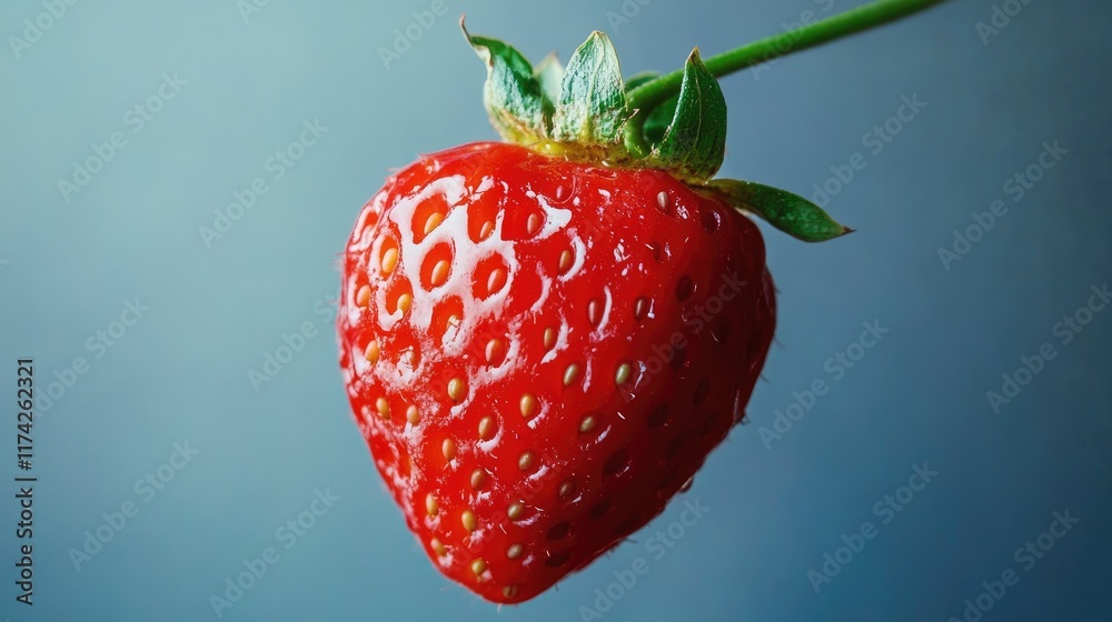 Aufkleber freshly picked strawberry with dew drops suspended against a soft blue background showcasing its vib