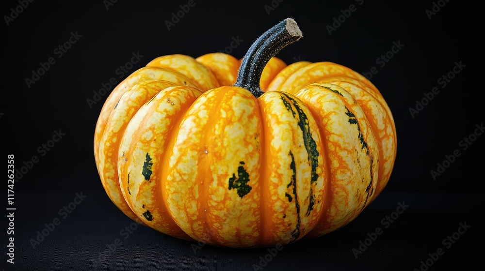 Poster vibrant pumpkin with intricate patterns on a dark backdrop emphasizing its natural beauty and textur