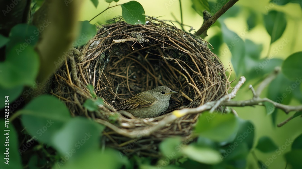 Poster Bird nest in a lush green environment with a small bird resting inside, showcasing nature and wildlife tranquility.
