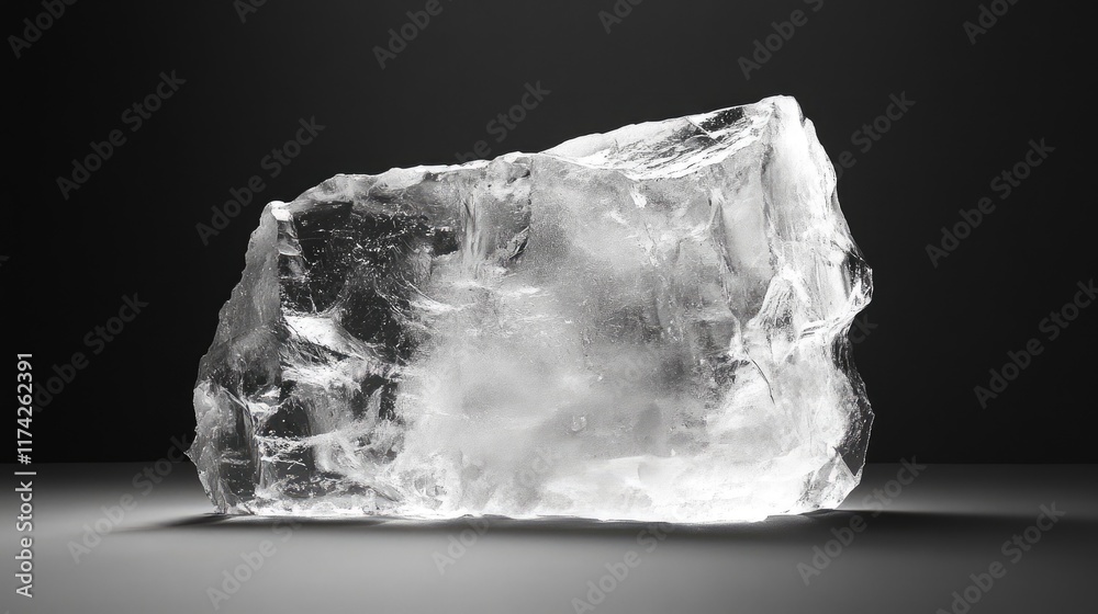 Poster Glacial ice block isolated on a dark background showcasing its translucent and textured surface for thrilling natural imagery.