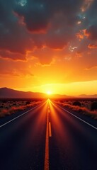 Naklejka premium Golden light illuminates a deserted highway at dusk, peaceful, open road, sunset