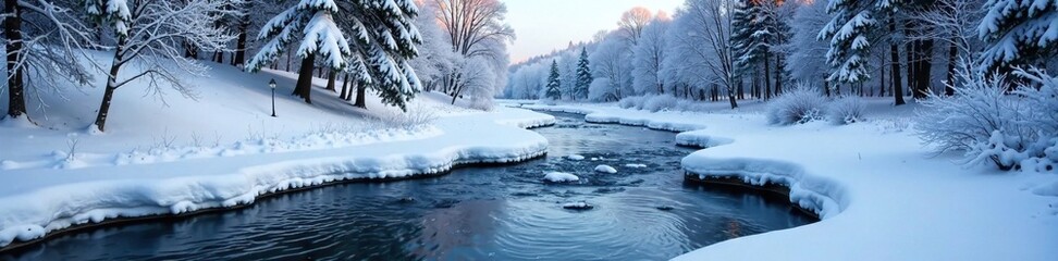 Snowy stream with a serene winter scene on the opposite bank, frozen, snowy, calm