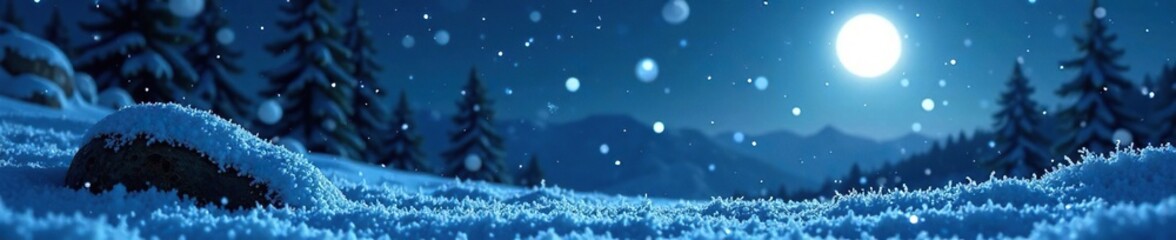 Fototapeta premium Softly falling snowflakes on a moonlit winter scene, frosty ground, snowfall on rocks, night sky