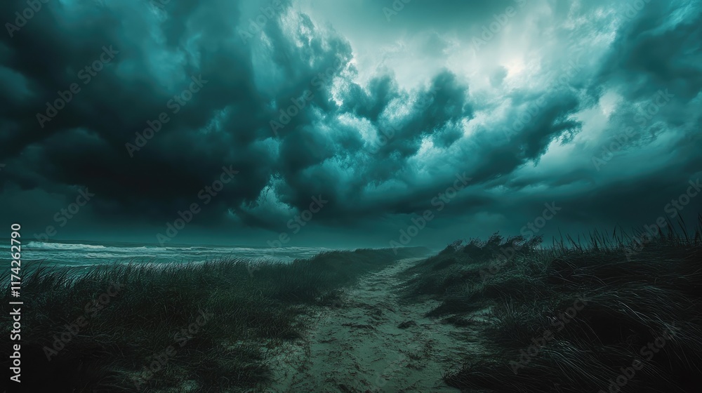 Poster ominous storm clouds gather over a coastal path signaling an approaching tempest on a dramatic and m