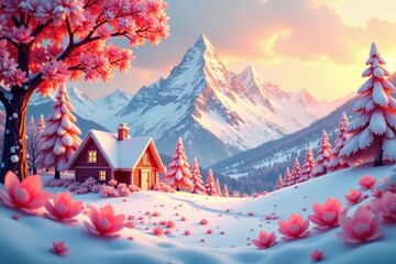 Snowy peaks fade into warm light as petals unfold in paper cut cottage, cottage, paper cut