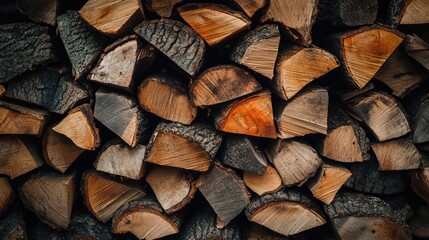 Fototapeta premium Stacked firewood in a rustic pile showcasing the natural textures and colors of seasoned logs ready for winter use or outdoor fire pits.