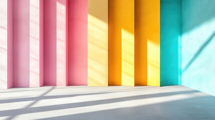 Obraz premium Vibrant Colorful Interior with Vertical Striped Walls in Pink Yellow Turquoise and Gray Shadows on the Floor Ideal for Creative Mockup Design