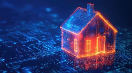 Digital illustration of a house symbolizing thermal energy efficiency with a protective digital shield against a tech background.