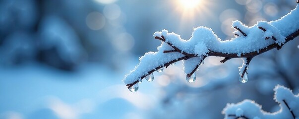 Frosty blue droplets cling to snow-covered branches, winter landscape, frosty texture, cold weather