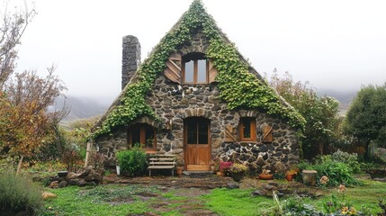 Charming stone house with triangular ivy-covered roof surrounded by lush greenery and rustic decor in a serene landscape setting