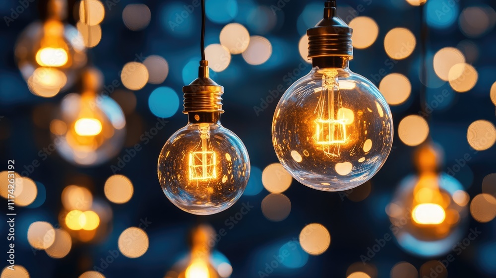 Poster Illuminated Light Bulbs Against a Soft Bokeh Background Representing Creativity and Inspiration in Abstract Conceptual Photography