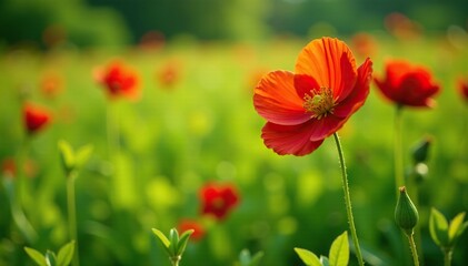 Fototapeta premium Red nasturtium flower blooms in green grass landscape, flower field, blooming
