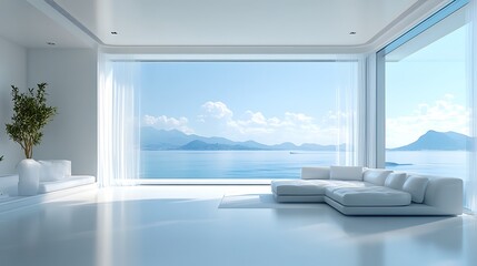 Fototapeta premium Contemporary living room with ocean view and tranquil atmosphere