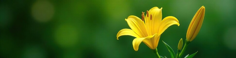 Yellow lily flower with tightly closed bud on thick green stem with prominent leaves, plant, foliage