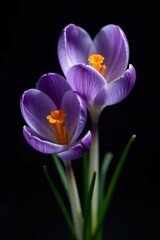 Fototapeta premium Saffron-colored stamens and delicate flowers of crocus on black background, color, crocus flowers, flower