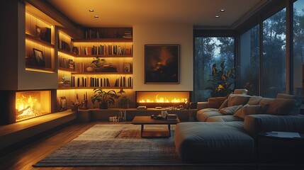 Fototapeta premium Modern home interior cozy living room with fireplace warmth