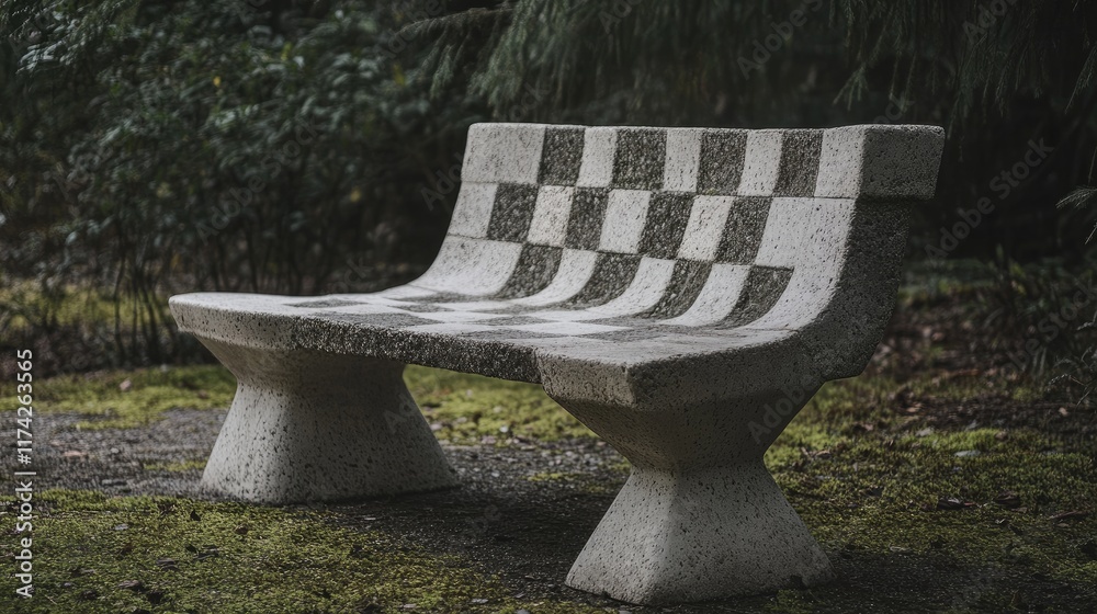 Poster Cement bench designed with a chessboard pattern in a natural outdoor setting surrounded by greenery