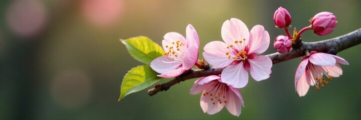 Obraz premium Delicate petals unfolding on rustic wooden branch, spring blossoms, blooming flowers, nature scene