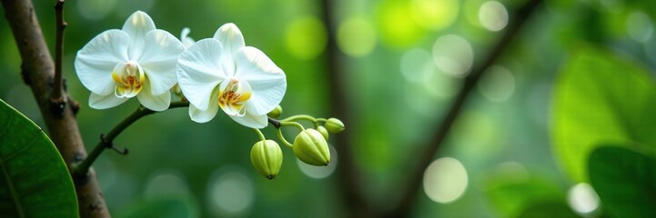 Obraz premium White orchids in a tropical garden with lush greenery, romantic, flowers