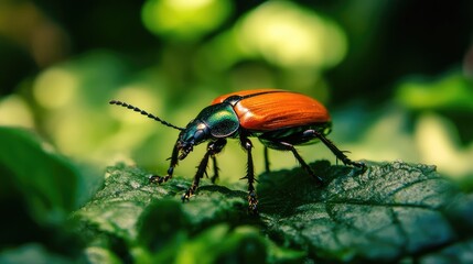 Naklejka premium Close-up of a vibrant beetle walking on lush green leaves in a garden setting showcasing detailed textures and natural beauty.