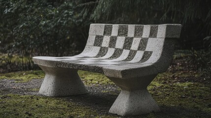 Cement bench designed with a chessboard pattern in a natural outdoor setting surrounded by greenery