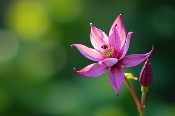 Fototapeta premium A single Columbine stem with delicate, curved blooms, aquilegia blooms, solo bloom, botanical garden