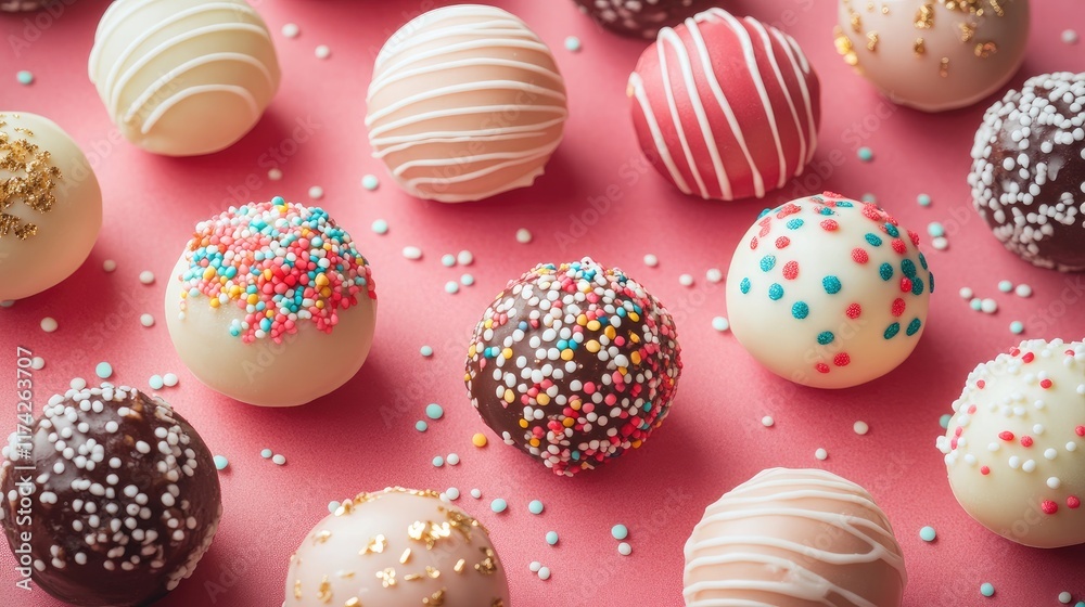 Poster colorful assorted bon bons on pink background showcasing various toppings and textures, perfect for 