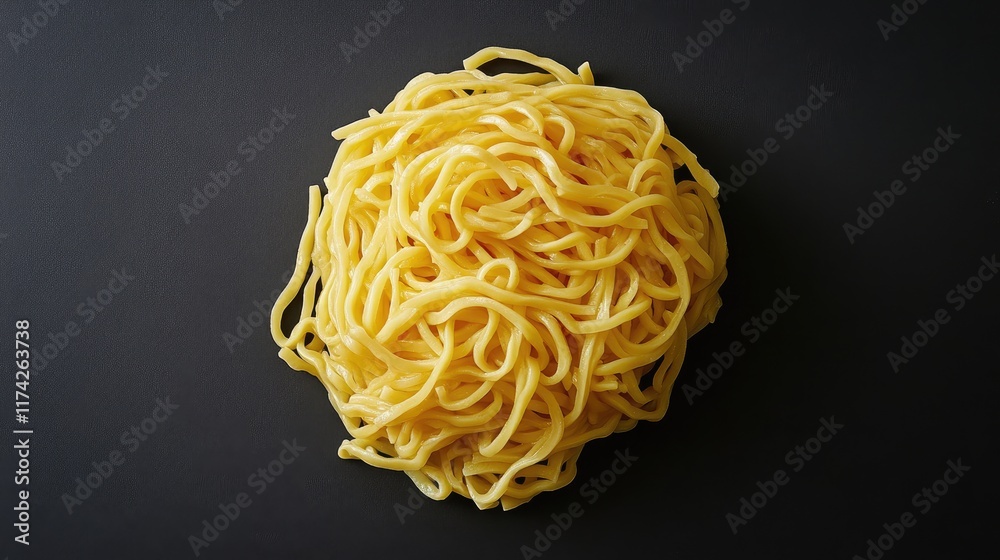 Aufkleber Yellow cooked noodles arranged in a messy pile on a dark surface showcasing texture and color for culinary or food-related concepts.