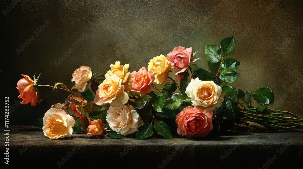 Poster elegant bouquet of assorted roses in soft pastel colors arranged artfully on a dark surface with a t