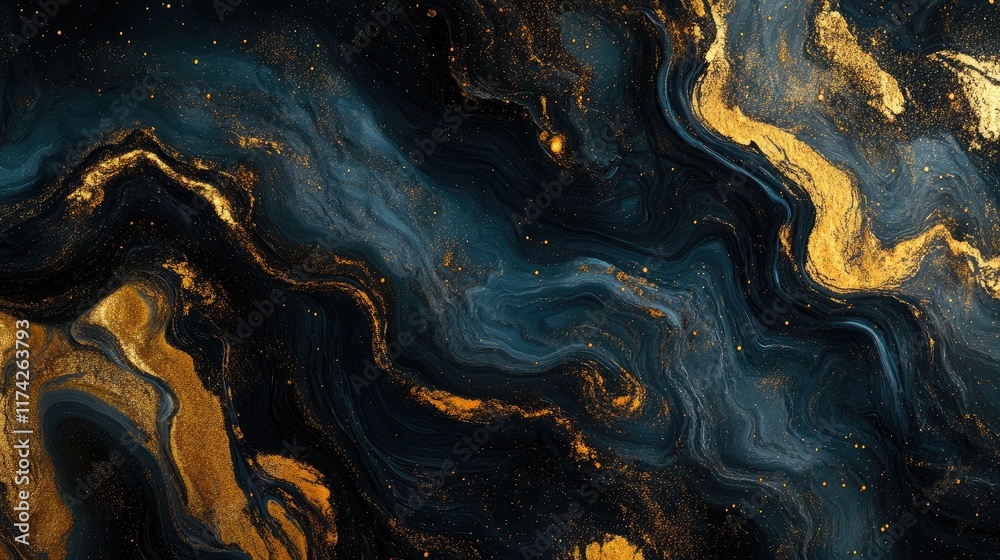 Aufkleber Deep Gold and Black Abstract Cosmic Swirl Texture with Fluid Patterns and Starry Details