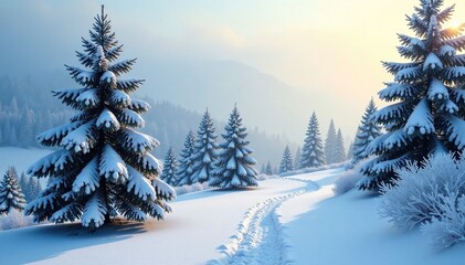 Obraz premium Frosty morning with evergreen trees covered in snow, frosty atmosphere, winter scenery