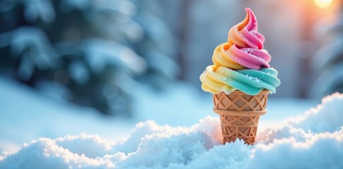 Frosty winter landscape with colorful ice cream cone amidst snowflakes, festive, dessert, winter