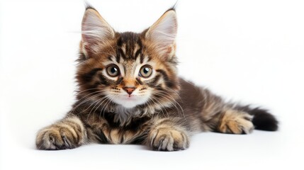 Adorable Maine Coon kitten posing gracefully on a white background showcasing its playful nature and striking features in a studio setting