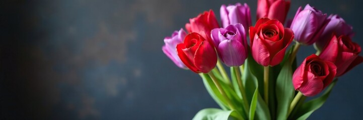 Fototapeta premium Red rose stems entwined with purple tulip bunches in a vase, arrangement, nature, flowers