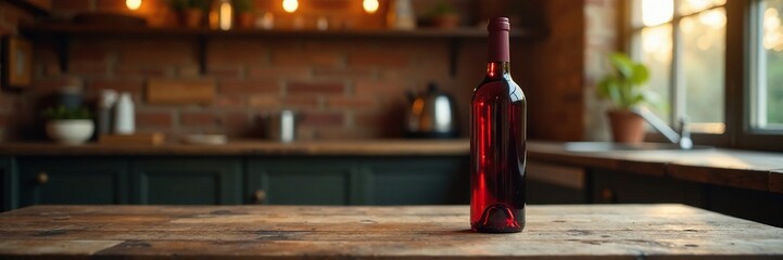 Red wine bottle with lit glass surface above on a reclaimed wood table, red wine bottle, natural, cozy atmosphere
