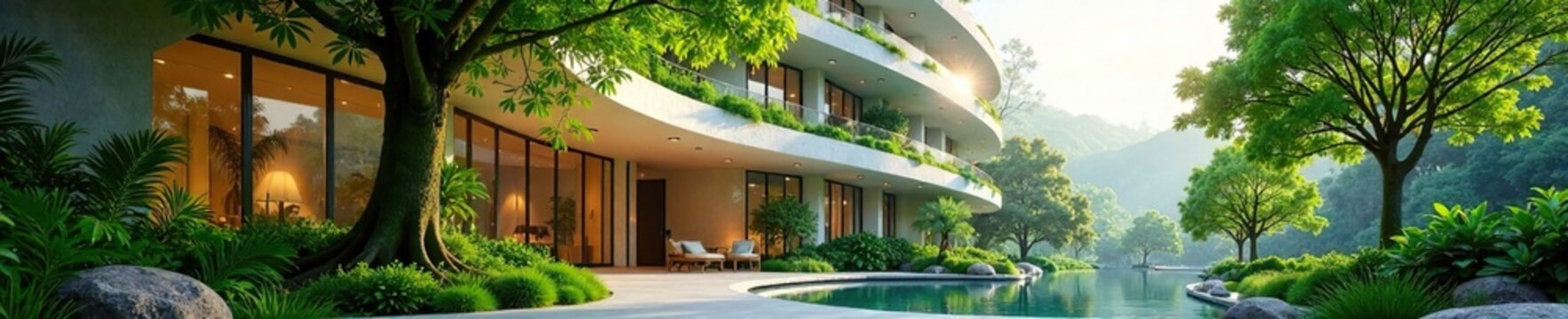 La planta de bamb? se eleva sobre la c?pula curva de un edificio moderno, arquitectura, urbano, edificio