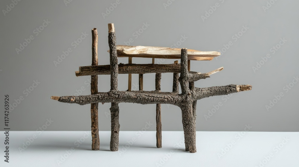 Aufkleber Abstract art installation made from natural wooden sticks creating a unique structural design against a minimalist backdrop