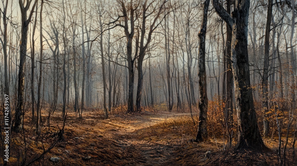 Aufkleber misty beech tree forest landscape with bare branches and soft light illuminating a serene woodland p