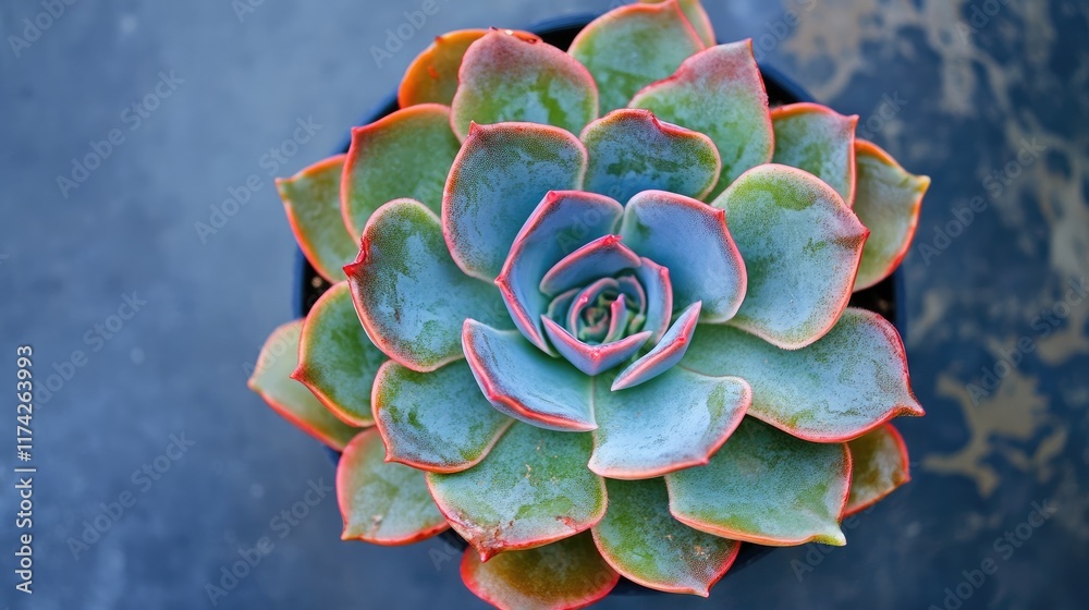 Poster vibrant succulent plant in a black pot showcasing intricate leaf patterns and colors on a rustic sto