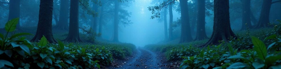 Obraz premium The mist-shrouded forest floor is pierced by a narrow blue-lit pathway, winding through the underbrush, blue light, atmosphere