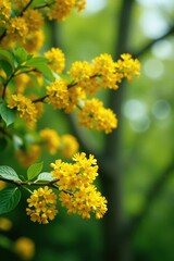 Obraz premium Tree branches with clusters of small yellow flowers, flowers, woodsy, branch