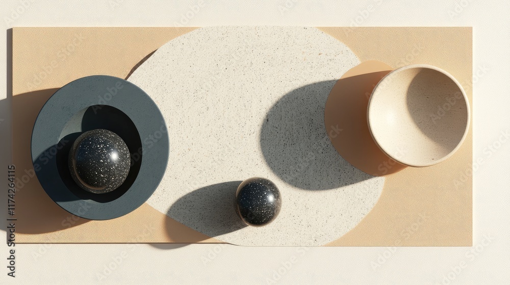 Poster contemporary abstract still life with geometric shapes and soft shadows on a minimalist background