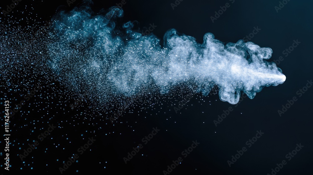 Poster Water spray from an atomizer creating a misty cloud against a dark background for artistic and creative visuals