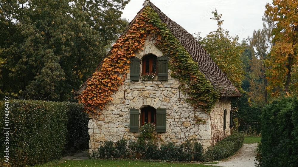 Aufkleber charming ivy-covered stone house with a triangular roof surrounded by lush greenery in a serene rura