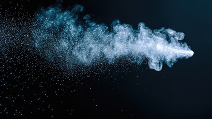 Obraz premium Water spray from an atomizer creating a misty cloud against a dark background for artistic and creative visuals