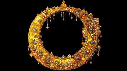 Ornate golden circular frame with intricate details and hanging accents.