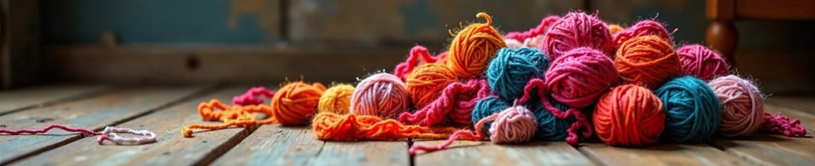 Colorful yarn balls in a messy pile on a wooden floor, yarn stash, fiber balls, textile storage