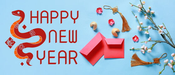 Red envelopes with Chinese symbols on color background. New Year celebration